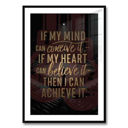 Achieve It is an original and exclusive contemporary art, luxury artwork print, it's Giclée printed on to premium, gently textured museum grade fine art paper, surrounded by a conservation grade mount that will not discolour or fade, all enclosed within a 33mm deep, hand-made and hand-stained solid ash-wood frame that's finished with a specialist wax to accentuate the grain. Finally, the artwork sits behind a real glass front. Image 1.