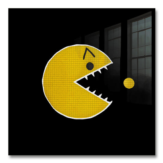 Angry Pac-Man is an original and exclusive contemporary pop art, luxury artwork print, it's 12-colour Giclée printed, then hand mounted on to a luxury 10mm thick, high gloss acrylic panel with crystal clear diamond polished edges. On the back is an invisible floating subframe, giving a very modern and contemporary look that creates a dramatic focal point. Image 1.