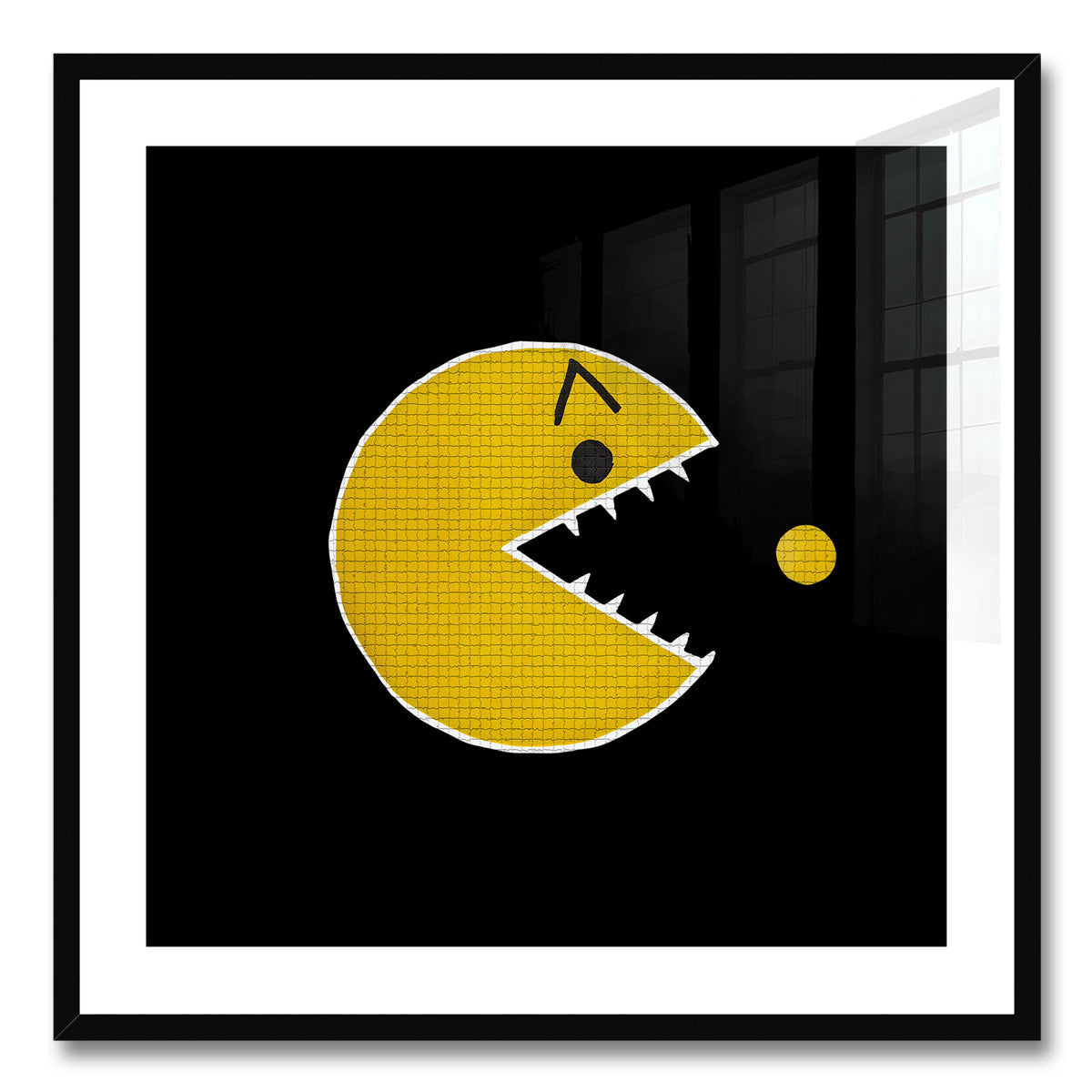 Angry Pac-Man is an original and exclusive contemporary pop art, luxury artwork print, it's Giclée printed on to premium, gently textured museum grade fine art paper, surrounded by a conservation grade mount that will not discolour or fade, all enclosed within a 33mm deep, hand-made and hand-stained solid ash-wood frame that's finished with a specialist wax to accentuate the grain. Finally, the artwork sits behind a real glass front. Image 1.