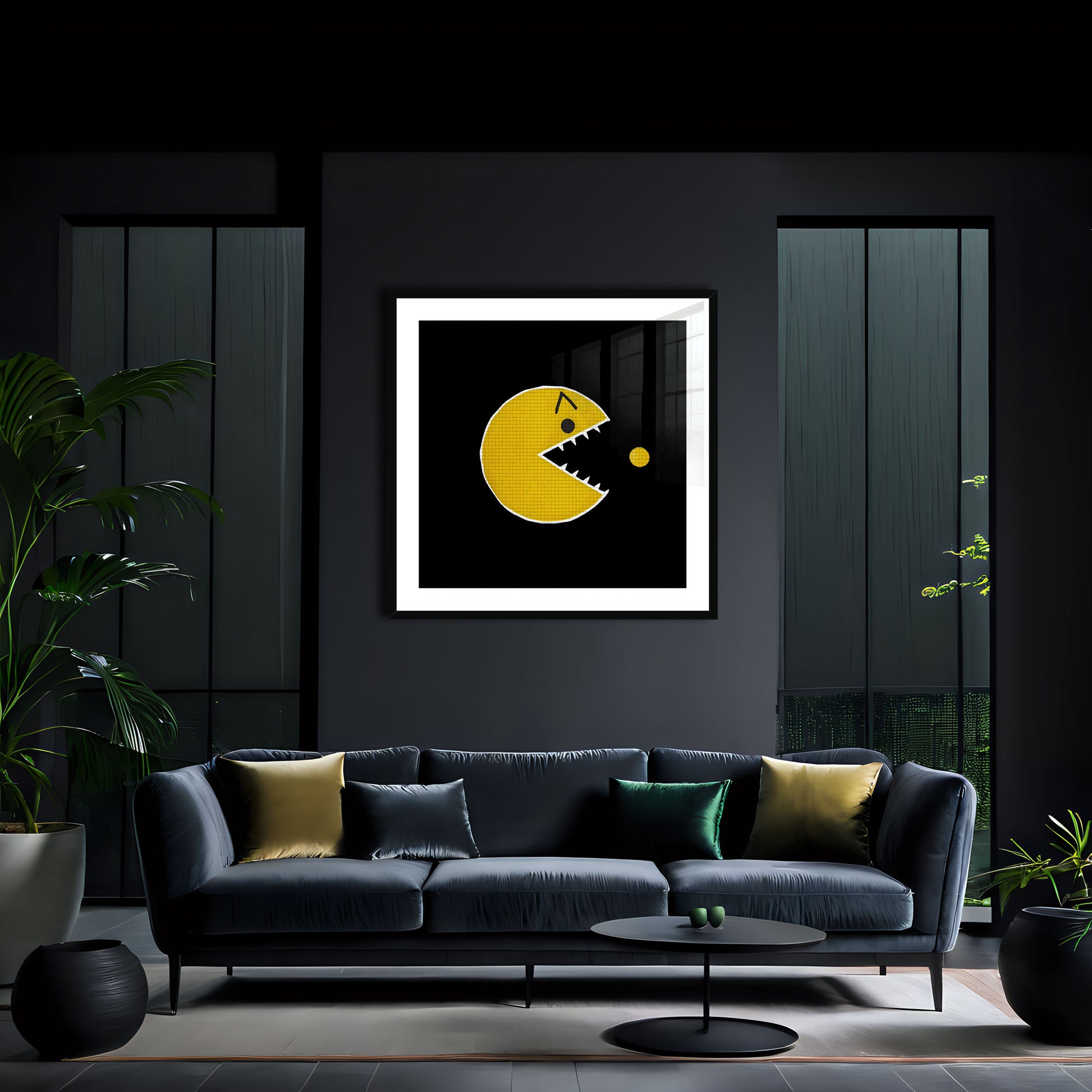 Angry Pac-Man is an original and exclusive contemporary pop art, luxury artwork print, it's Giclée printed on to premium, gently textured museum grade fine art paper, surrounded by a conservation grade mount that will not discolour or fade, all enclosed within a 33mm deep, hand-made and hand-stained solid ash-wood frame that's finished with a specialist wax to accentuate the grain. Finally, the artwork sits behind a real glass front. Image 2.