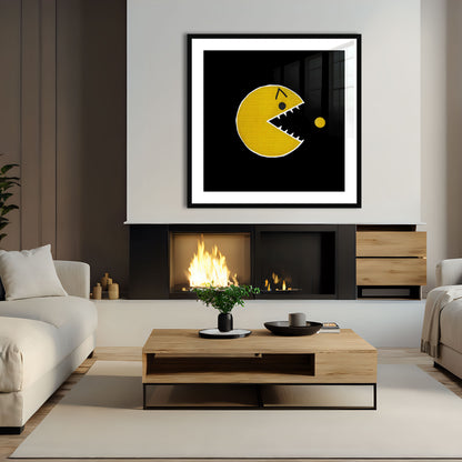 Angry Pac-Man is an original and exclusive contemporary pop art, luxury artwork print, it's Giclée printed on to premium, gently textured museum grade fine art paper, surrounded by a conservation grade mount that will not discolour or fade, all enclosed within a 33mm deep, hand-made and hand-stained solid ash-wood frame that's finished with a specialist wax to accentuate the grain. Finally, the artwork sits behind a real glass front. Image 3.