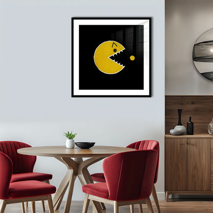 Angry Pac-Man is an original and exclusive contemporary pop art, luxury artwork print, it's Giclée printed on to premium, gently textured museum grade fine art paper, surrounded by a conservation grade mount that will not discolour or fade, all enclosed within a 33mm deep, hand-made and hand-stained solid ash-wood frame that's finished with a specialist wax to accentuate the grain. Finally, the artwork sits behind a real glass front. Image 4.