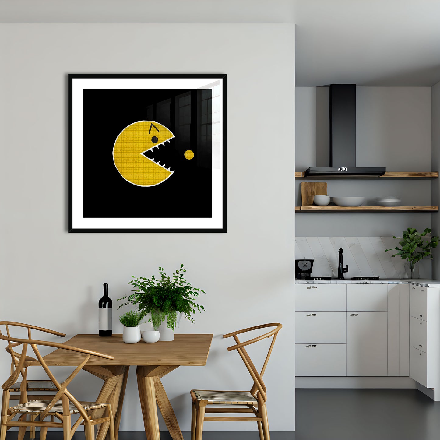 Angry Pac-Man is an original and exclusive contemporary pop art, luxury artwork print, it's Giclée printed on to premium, gently textured museum grade fine art paper, surrounded by a conservation grade mount that will not discolour or fade, all enclosed within a 33mm deep, hand-made and hand-stained solid ash-wood frame that's finished with a specialist wax to accentuate the grain. Finally, the artwork sits behind a real glass front. Image 5.