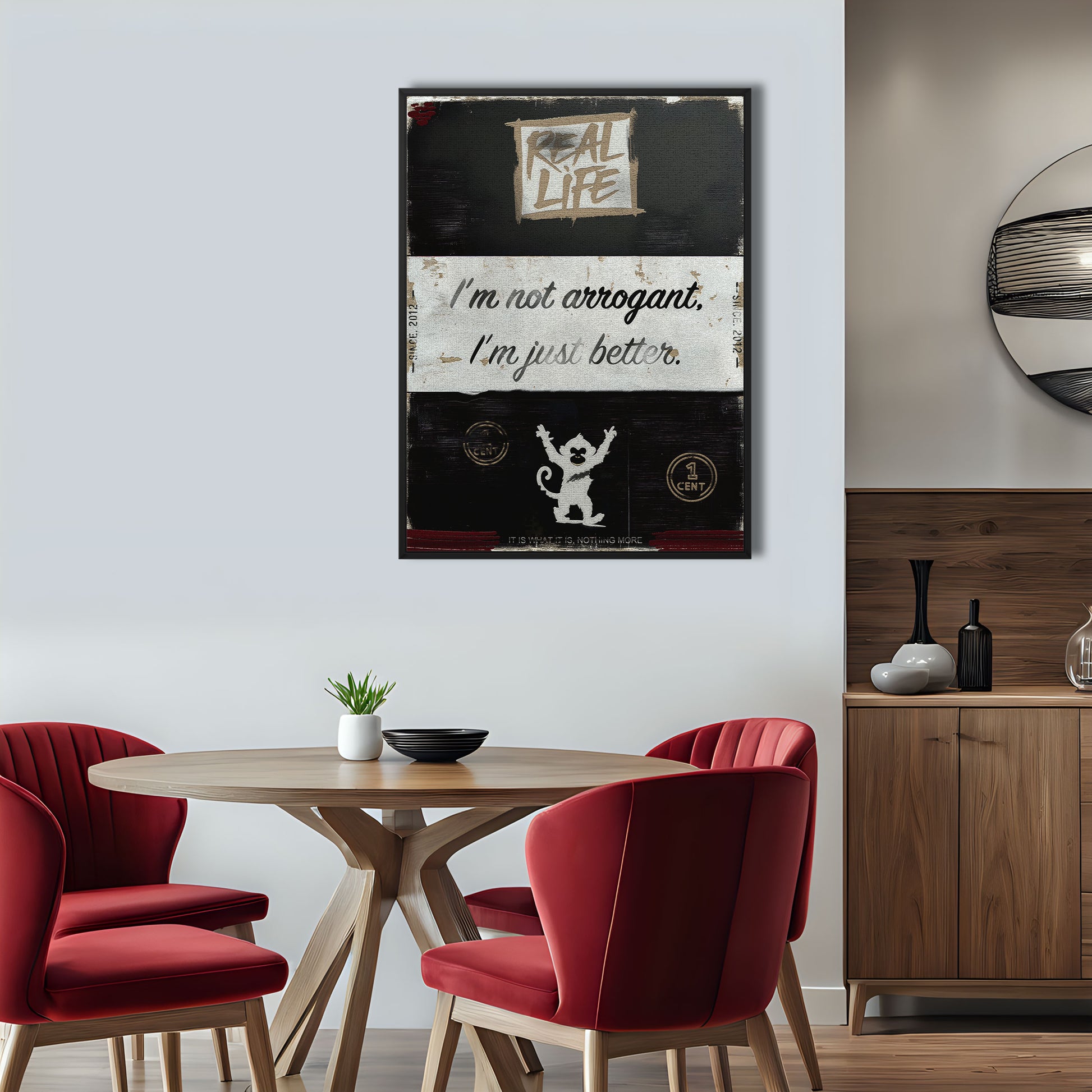 Arrogant is an original and exclusive contemporary art, luxury artwork print. It's Giclée printed on to a finely textured 400gsm artist-grade cotton canvas and stretched over 38mm solid wood artist stretcher bars. Image 4.